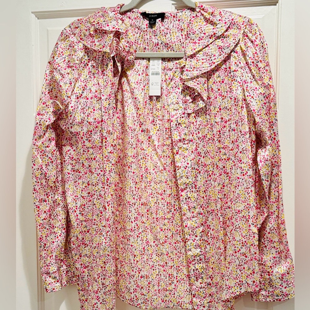 J. Crew White Floral Ruffle Blouse with Pink & Yellow Accents